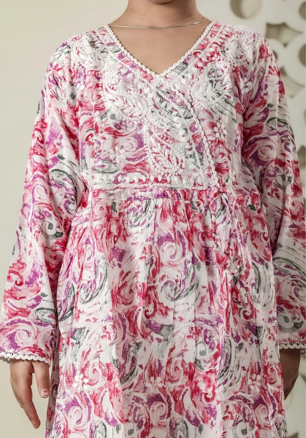 Fiza Angarkha Mul Print Kids Chikankari Set -Pink - 16, pink