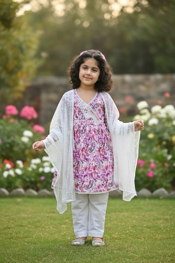 Fiza Angarkha Mul Print Kids Chikankari Set -Pink - 20, pink