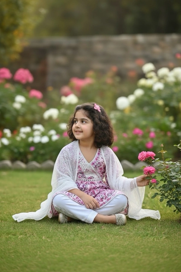 Fiza Angarkha Mul Print Kids Chikankari Set -Pink - 20, pink