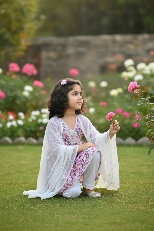 Fiza Angarkha Mul Print Kids Chikankari Set -Pink - 28, pink