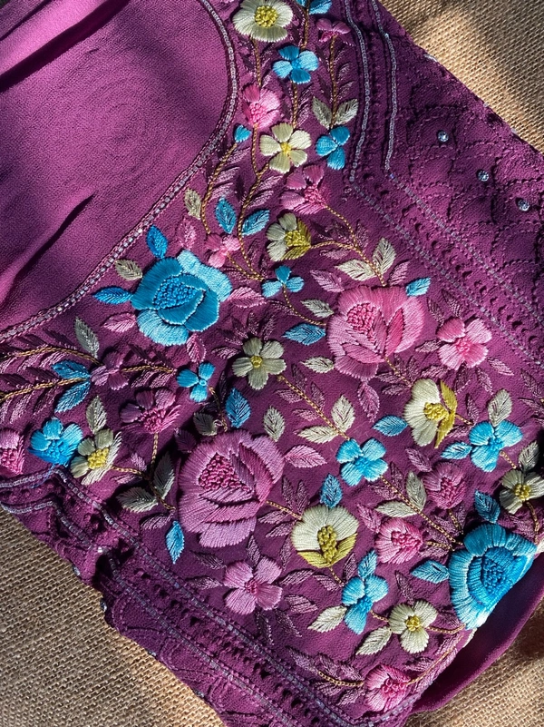 Wine Chikankari Parsi Gara Kurta Unstiched - Wine