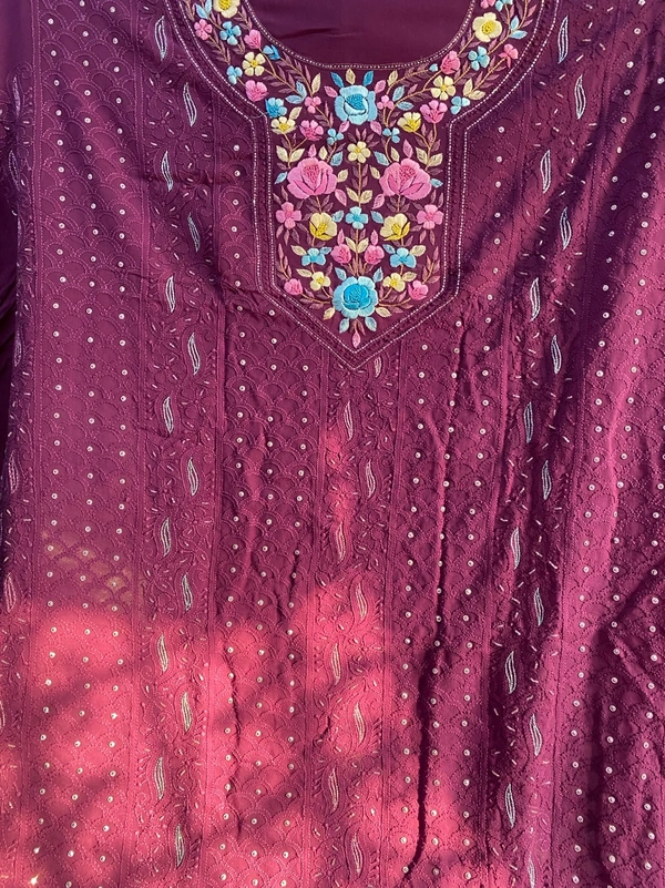 Wine Chikankari Parsi Gara Kurta Unstiched - Wine
