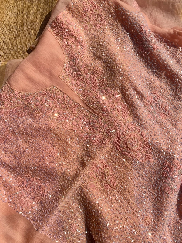 Exquisite Chikankari With Full Sequins Jaal Work Unstiched Dress Material-Peach - Unstiched, peach