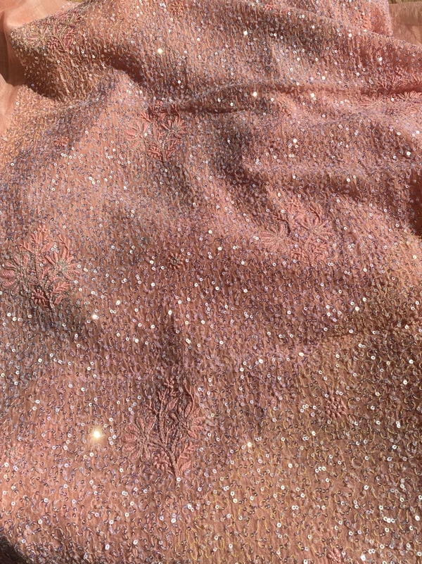 Exquisite Chikankari With Full Sequins Jaal Work Unstiched Dress Material-Peach - Unstiched, peach