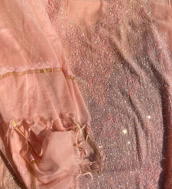 Exquisite Chikankari With Full Sequins Jaal Work Unstiched Dress Material-Peach - Unstiched, peach