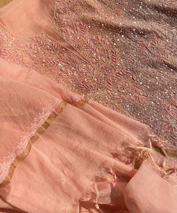 Exquisite Chikankari With Full Sequins Jaal Work Unstiched Dress Material-Peach - Unstiched, peach