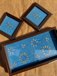 Chikankari Tray With Two Coaster Set - Teal