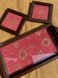 Chikankari Tray With Two Coaster Set - Teal