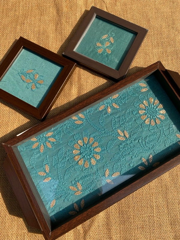 Chikankari Tray With Two Coaster Set - Teal