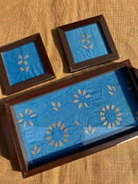 Chikankari Tray With Two Coaster Set - Blue