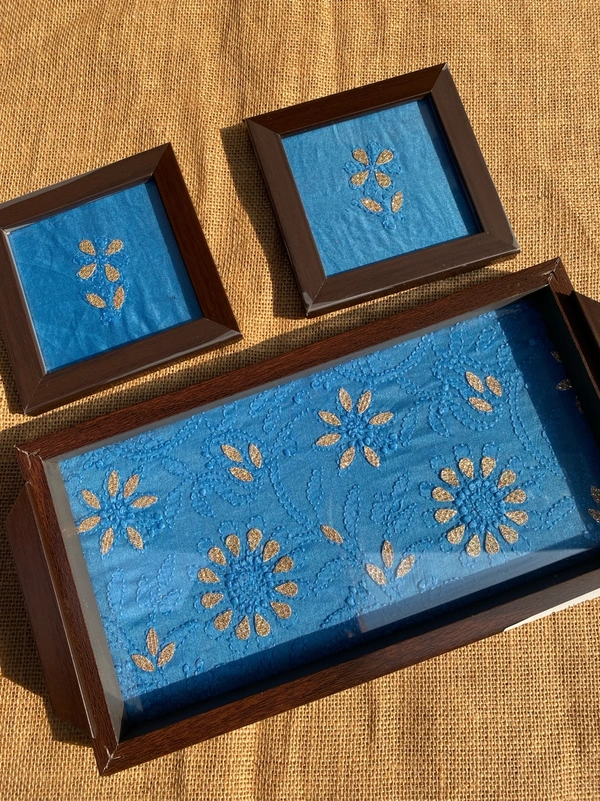 Chikankari Tray With Two Coaster Set - Blue