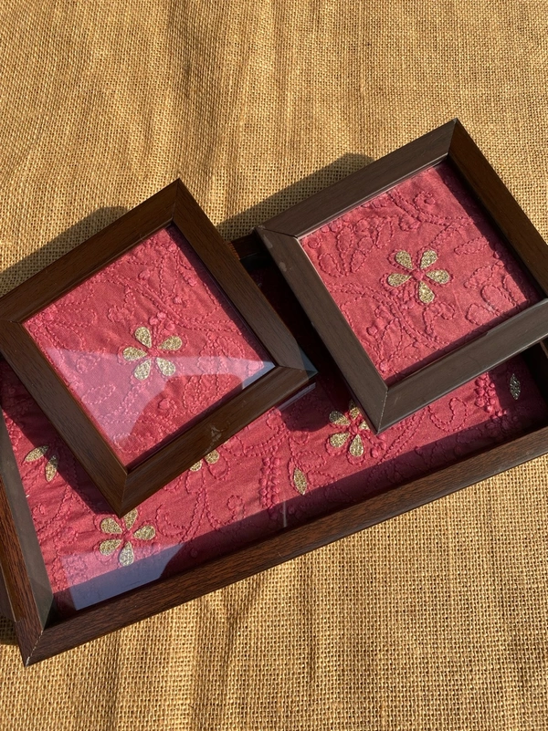 Chikankari Tray With Two Coaster Set - Red