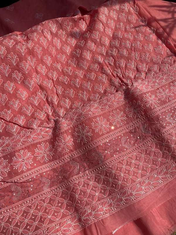 Carrot Pink Chikankari Jaalwork Unstiched Dress - Carrot Pink