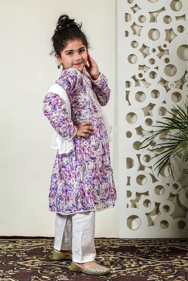 Fiza Angarkha Mul Print Kids Chikankari Set - Purple - 32, Purple