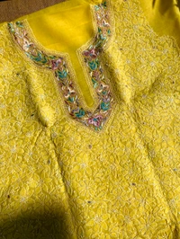 Pink Chikankari Net Cutwork Kurta Unstiched - Pink - Yellow