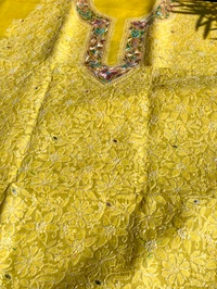Pink Chikankari Net Cutwork Kurta Unstiched - Pink - Yellow