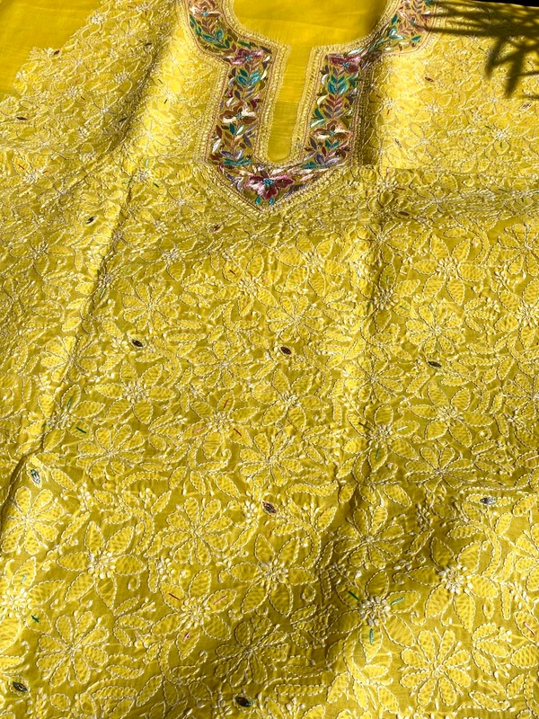 Pink Chikankari Net Cutwork Kurta Unstiched - Pink - Yellow