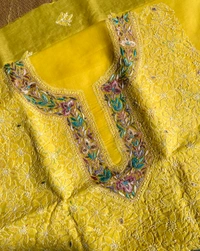 Pink Chikankari Net Cutwork Kurta Unstiched - Pink - Yellow