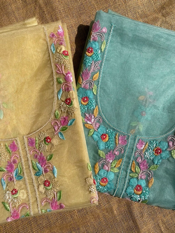 Parsi Gara Organza Unstitched Kurtas - Mint Green