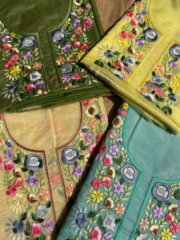 Parsi Gara Organza Kurta Dupatta - Mehndi Green