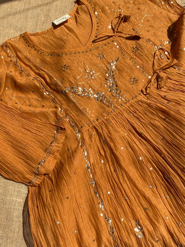 Roohani – Mustard Handcrafted Mukaish Gown Set - Semi Stiched - Semi Stiched, Mustard