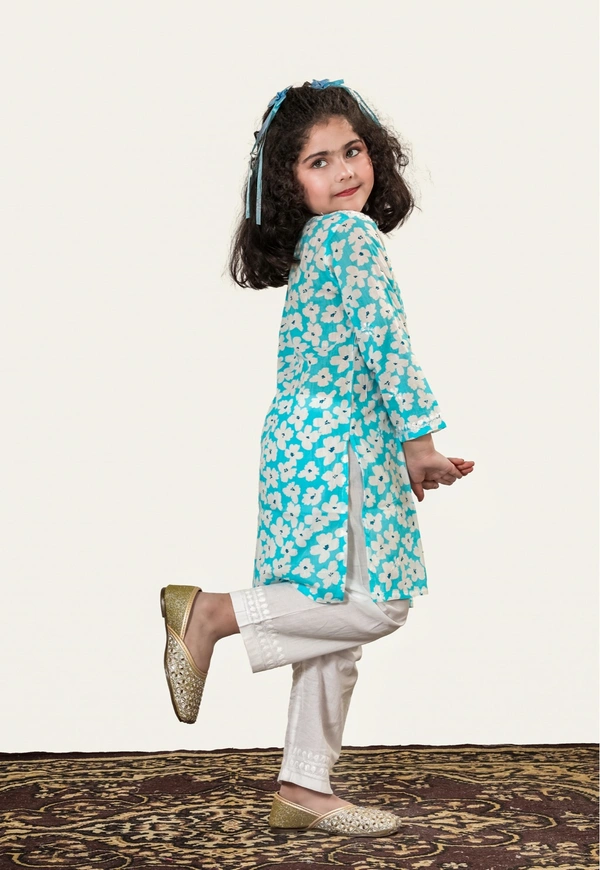 Little Noor – Blue Mulmul Chikankari Kidswear Set - 20, Blue