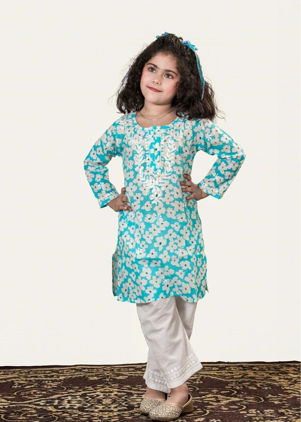 Little Noor – Blue Mulmul Chikankari Kidswear Set - 26, Blue