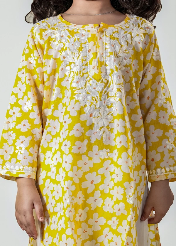 Little Noor – Yellow Mulmul Chikankari Kidswear Set - 32, Yellow