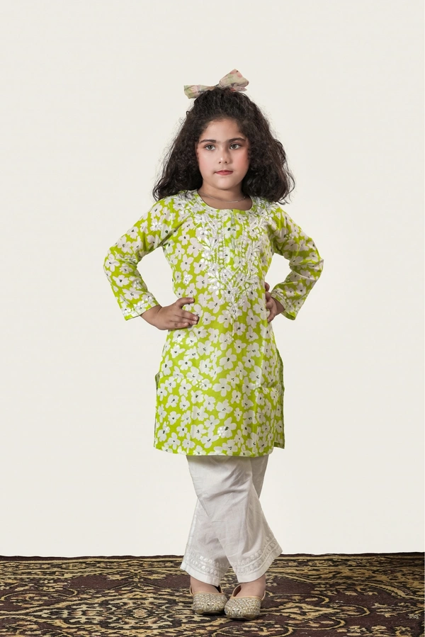 Little Noor – Lime Green Mulmul Chikankari Kidswear Set - 22, Lime Green