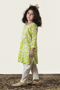 Little Noor – Lime Green Mulmul Chikankari Kidswear Set - 22, Lime Green