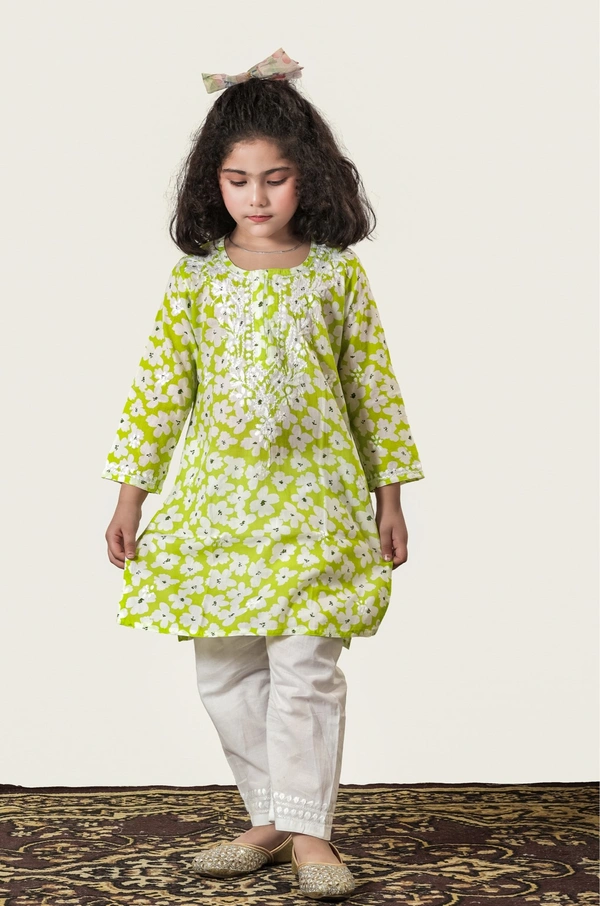 Little Noor – Lime Green Mulmul Chikankari Kidswear Set - 26, Lime Green