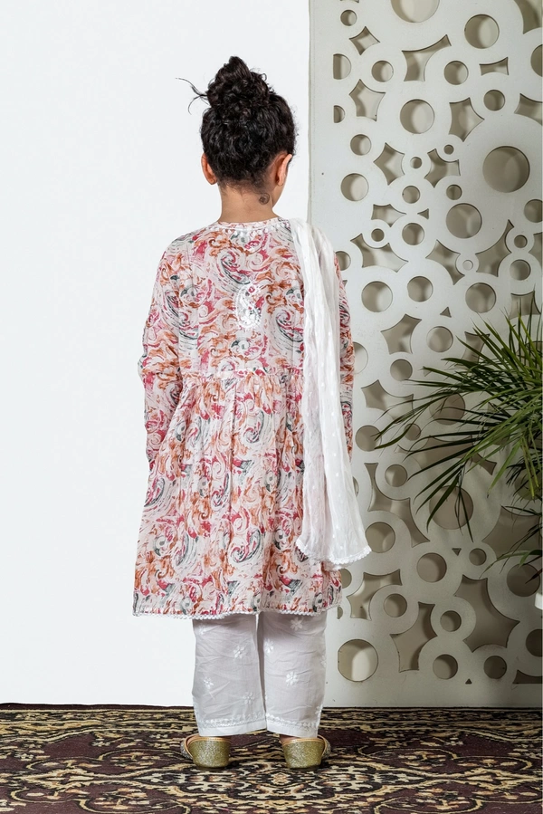 Fiza Angarkha Mul Print Kids Chikankari Set - Peach - 22, Peach