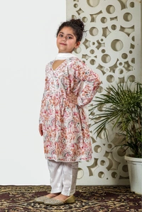 Fiza Angarkha Mul Print Kids Chikankari Set - Peach - 26, Peach