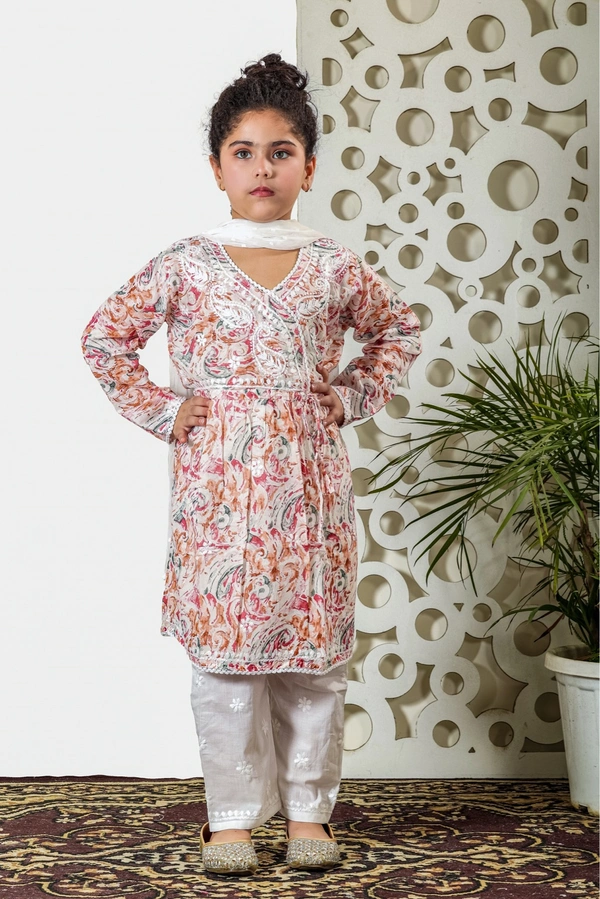 Fiza Angarkha Mul Print Kids Chikankari Set - Peach - 28, Peach