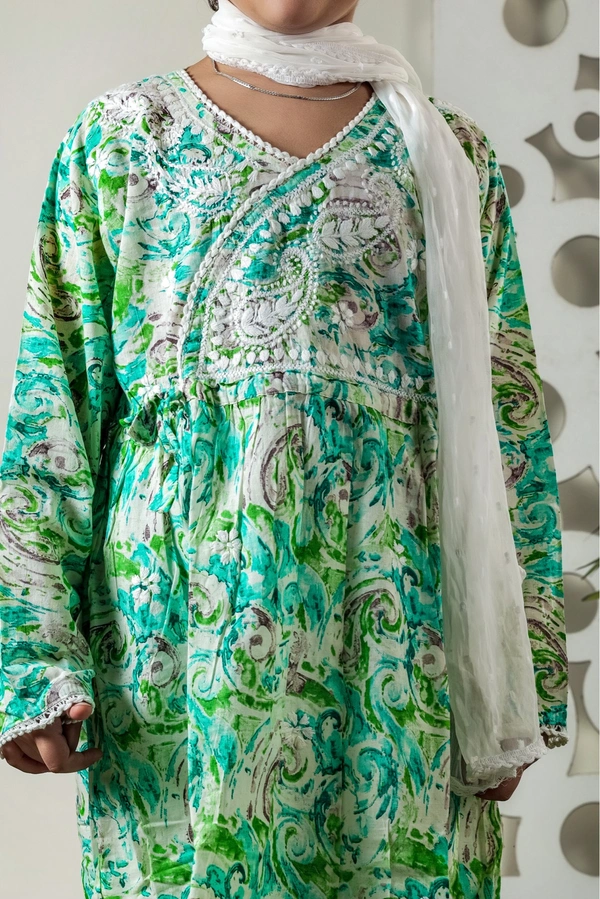 Fiza Angarkha Mul Print Kids Chikankari Set - Green - 22, Green