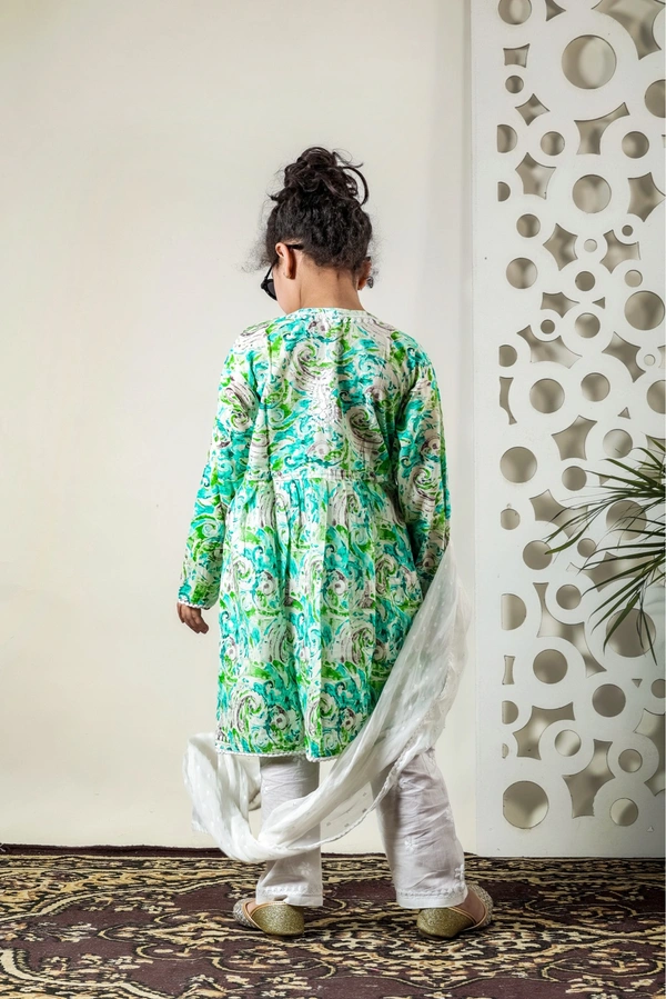 Fiza Angarkha Mul Print Kids Chikankari Set - Green - 22, Green