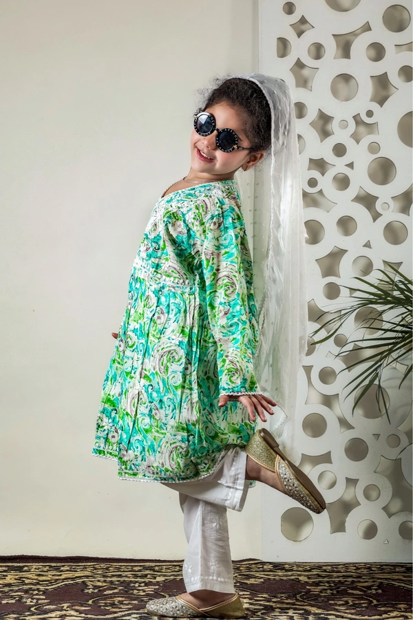 Fiza Angarkha Mul Print Kids Chikankari Set - Green - 24, Green
