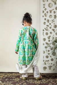 Fiza Angarkha Mul Print Kids Chikankari Set - Green - 24, Green