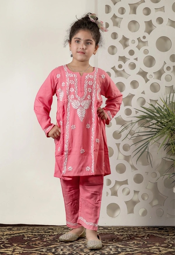 Little Jasmin - Peach Chikankari Side Pleated Kidswear Set - 20, Peach