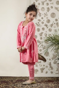 Little Jasmin - Peach Chikankari Side Pleated Kidswear Set - 24, Peach