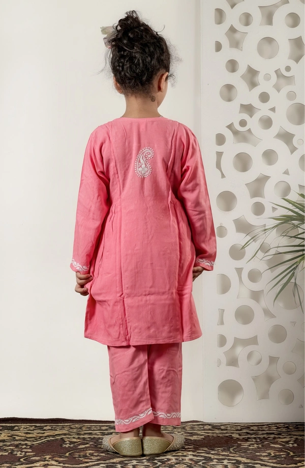 Little Jasmin - Peach Chikankari Side Pleated Kidswear Set - 24, Peach