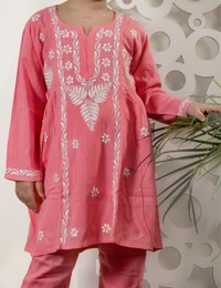 Little Jasmin - Peach Chikankari Side Pleated Kidswear Set - 34, Peach