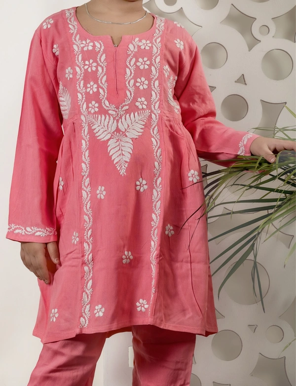 Little Jasmin - Peach Chikankari Side Pleated Kidswear Set - 36, Peach