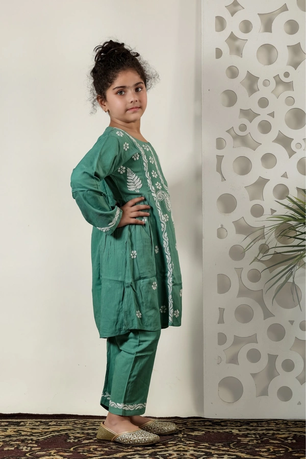 Little Jasmin - Mint Green Chikankari Side Pleated Kidswear Set - 18, Mint Green