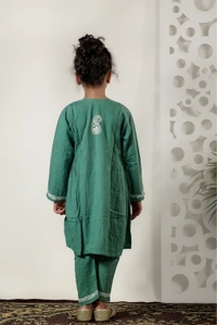 Little Jasmin - Mint Green Chikankari Side Pleated Kidswear Set - 18, Mint Green