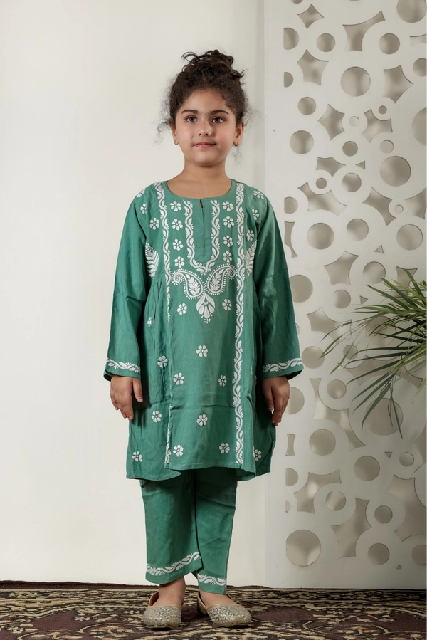 Little Jasmin - Mint Green Chikankari Side Pleated Kidswear Set - 34, Mint Green