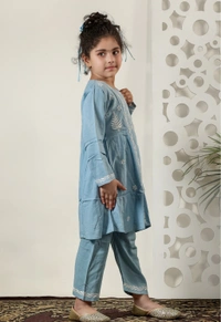 Little Jasmin - Powder Blue Chikankari Side Pleated Kidswear Set - - 20, Powder Blue