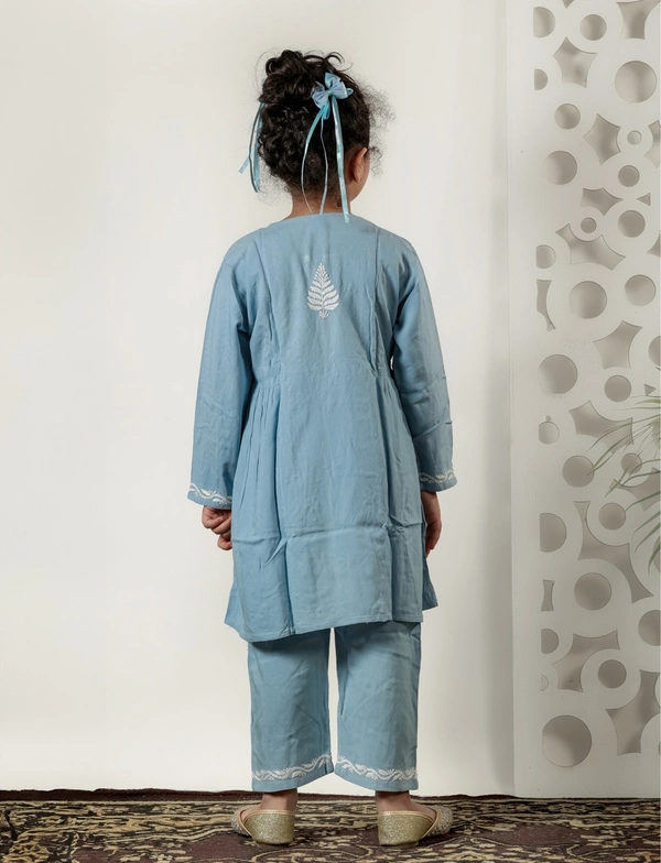 Little Jasmin - Powder Blue Chikankari Side Pleated Kidswear Set - - 20, Powder Blue