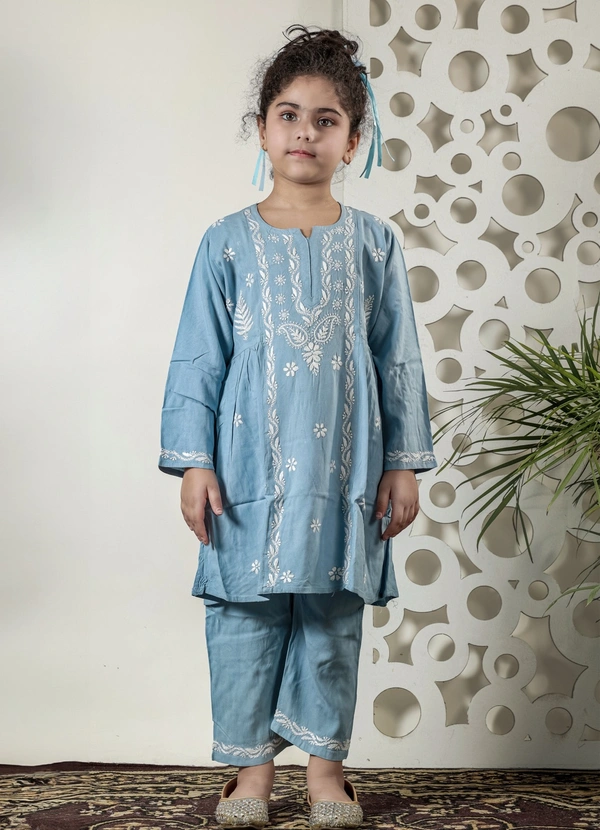 Little Jasmin - Powder Blue Chikankari Side Pleated Kidswear Set - - 36, Powder Blue
