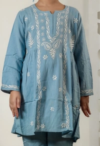 Little Jasmin - Powder Blue Chikankari Side Pleated Kidswear Set - - 36, Powder Blue